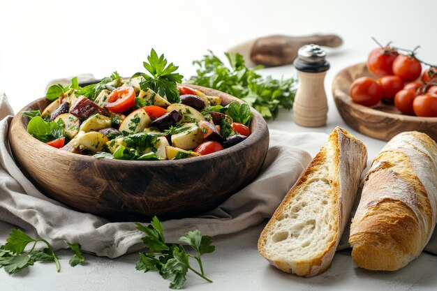 Farfurie colorată cu salată și pâine artizanală